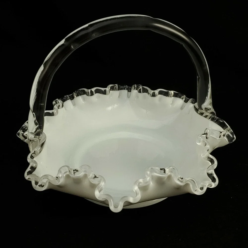 Fenton Silver Crest Brides Basket Ruffled Milk Glass Clear Glass Handle 8